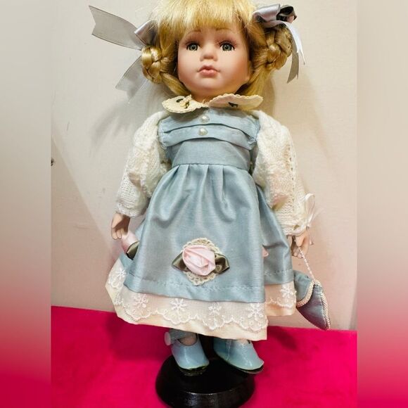Vintage Unique Porcelain Hand painted Doll 11" in Blue Dress - Picture 6 of 11